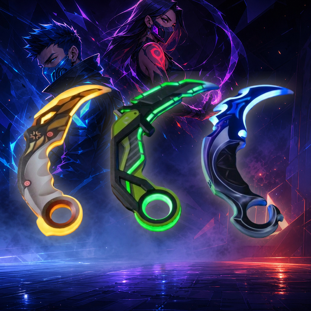 Outdoor Camping Anime - 10インチ（25cm）カラビットナイフ、ヴァロラントLEDライトアップ光る刃、ゲームアニメコスプレ小道具、3個セット、実物大、オタク向けコレクターズギフト、おもちゃ、ディスプレイ、発光戦術トレーナー、折りたたみ式キャンプアウトドアカラビット、サーブル、ブレード