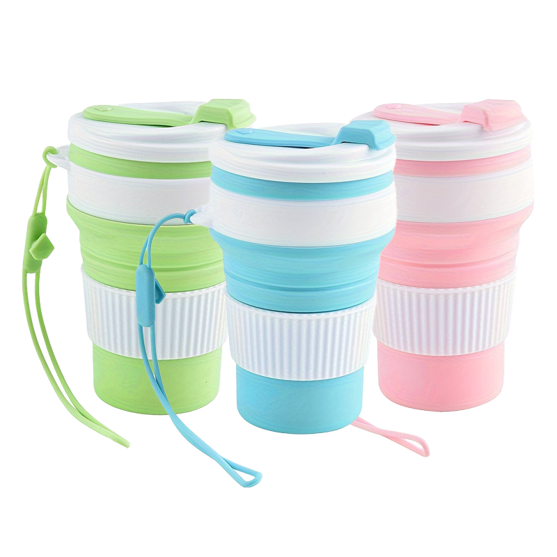 Collapsible Water Bottle - 折りたたみ式シリコン製トラベルカップ、蓋とストラップ付きの再利用可能な折りたたみ式ウォーターカップ、キャンプ用ポータブル軽量ドリンクマグ
