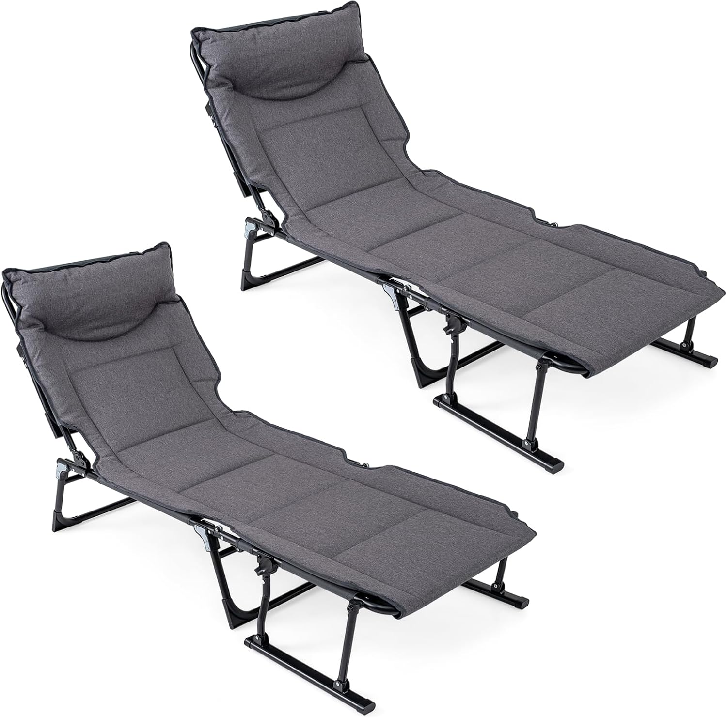Outdoor Camping Cot - 折りたたみ式パティオラウンジチェア2脚セット、調節可能なリクライニング折りたたみベッド、クッション、アームレスト、ヘッドピロー付き、屋外キャンプ、庭、芝生、オフィス、自宅用、グレー、2個セット