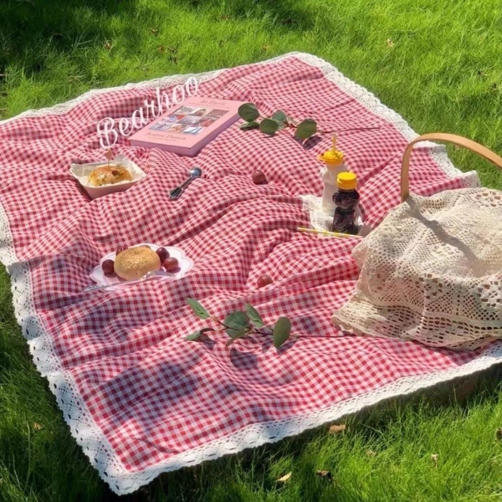 Outdoor Camping Rugs - 1pc 屋外ピクニックマット、夏用厚手防水ビーチブランケット、レースレッドチェック柄キャンプマット、テーブルクロスマット