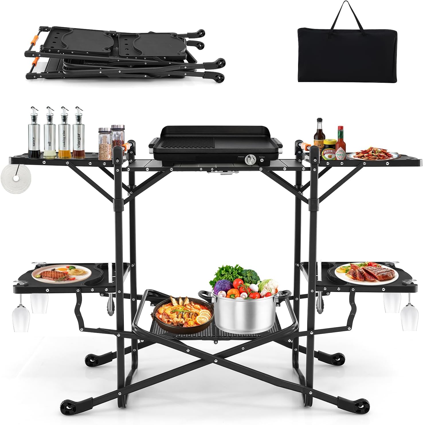 Outdoor Camping Kitchen Setup - 耐熱トップ、4つのサイドテーブル、収納ラック付きのポータブル屋外折りたたみ式調理台 – 簡単設置キャンプキッチンセット