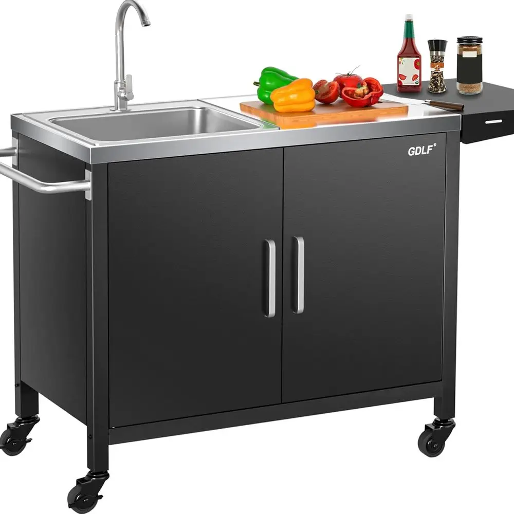 Outdoor Camping Kitchen With Sink - 屋外キッチンアイランド、ステンレス製シンク、金属製グリルカート付き、L57xW21.65