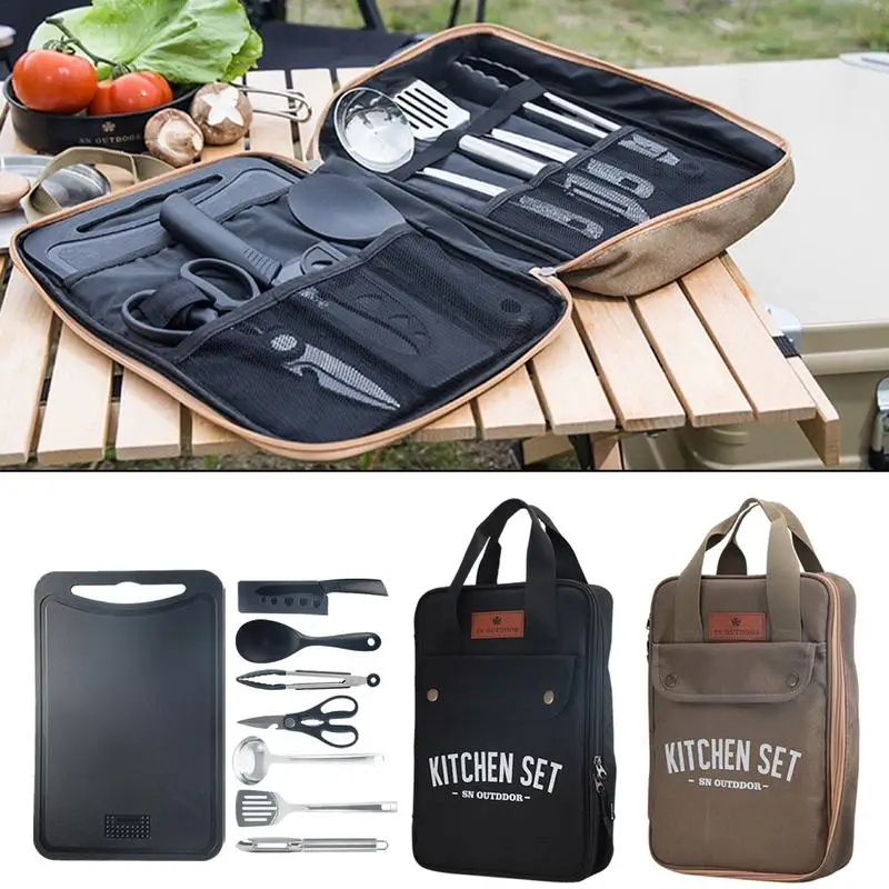 Outdoor Camping Kitchen With Sink - 8点セット キャンプキッチン調理器具セット ポータブル屋外旅行用具 ステンレス製調理・グリルセット バーベキューピクニック用