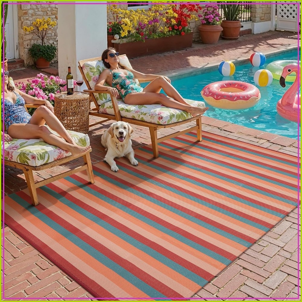 Outdoor Camping Decke - 5x8 アウトドア ラグ オレンジレッド ストライプ |