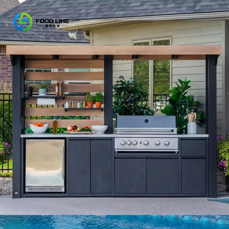 Outdoor Camping Kitchen With Sink - カスタマイズ可能な屋外キッチンステーション、ポータブルステンレス製、シンクと収納トロリー付き、耐候性、バーベキュー、キャンプ、ケータリングに最適
