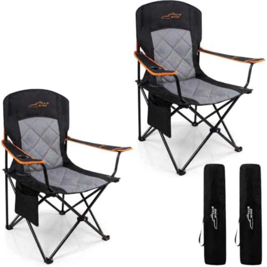 Camping Quad - 特大パッド入りキャンプチェア2脚セット 350ポンド耐荷重 完全パッド入り芝生用クワッドチェア サイドポケットとカップホルダー付き、頑丈