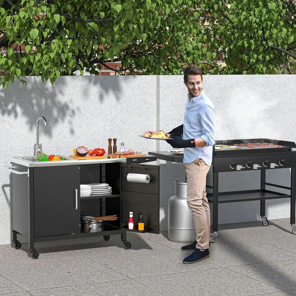 屋外キッチンアイランド、ステンレス製シンク、金属製グリルカー - Outdoor Camping Kitchen With Sink のレビューと価格