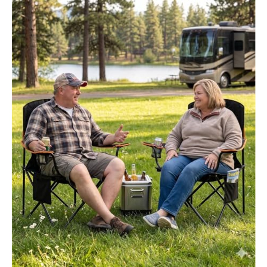 特大パッド入りキャンプチェア2脚セット 350ポンド耐荷重  - Camping Quad のレビューと価格